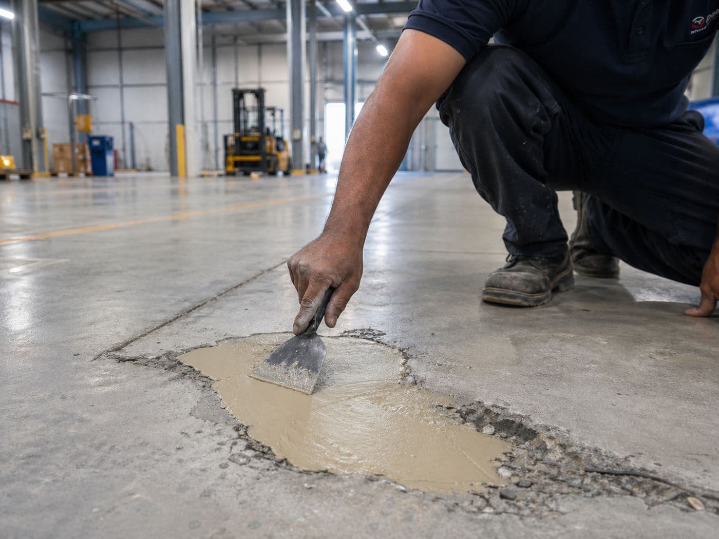 Epoxy putty repairing a concrete floor